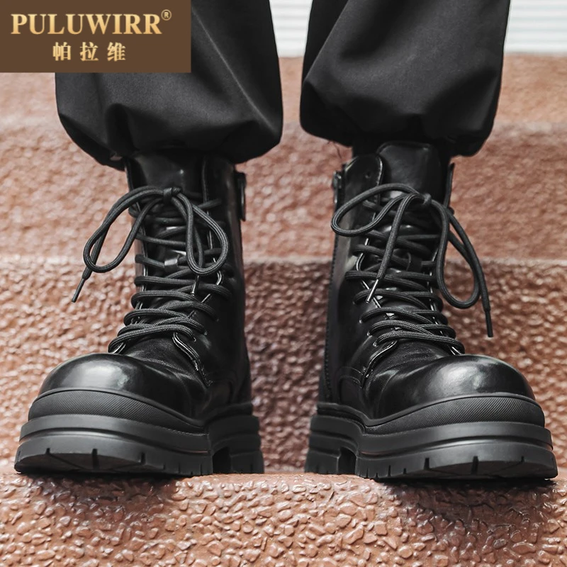 马丁靴男款英伦风真皮高帮工装皮靴子男士厚底增高中筒机车潮男靴