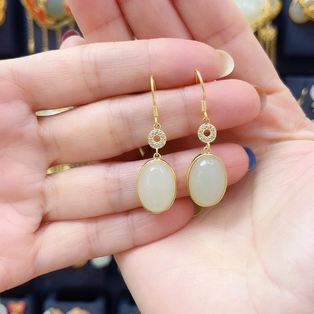 和田玉银S925镀金镶嵌耳饰