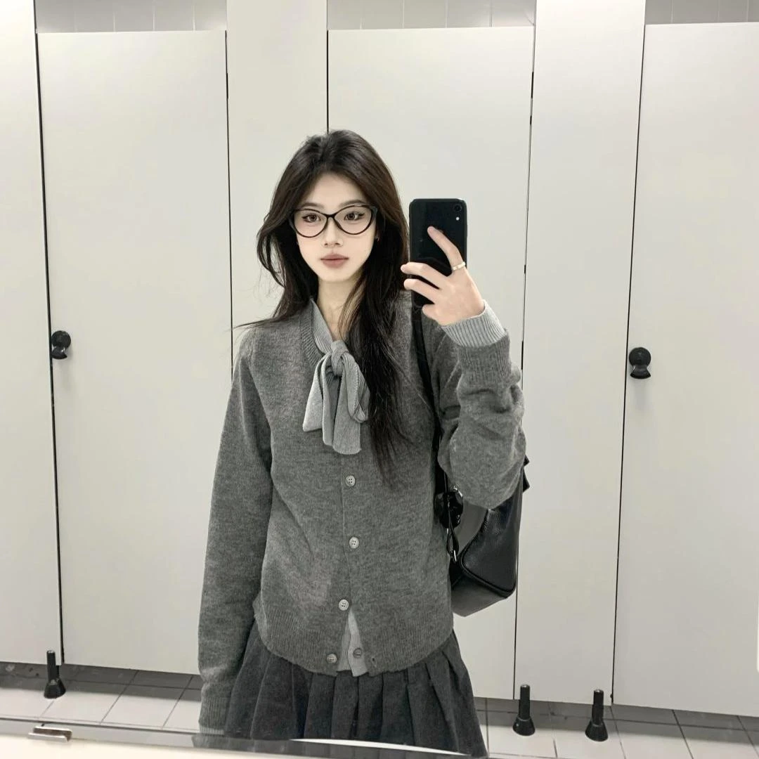 灰色格雷系穿搭假两件蝴蝶结针织衫上衣女开衫春秋高级感毛衣外套