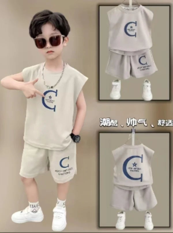 夏季字母印花两件套潮流男女宝宝中性纯色无袖中大童帅气休闲运动