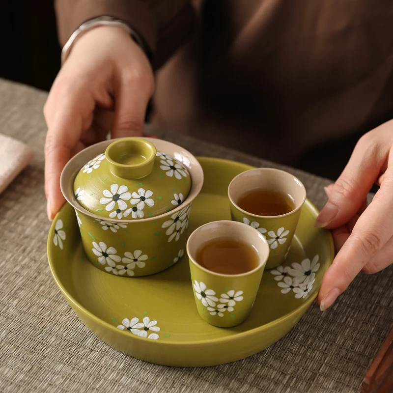 手工国风手绘盖碗不烫手复古功夫茶具陶瓷泡茶碗一壶两杯带壶承