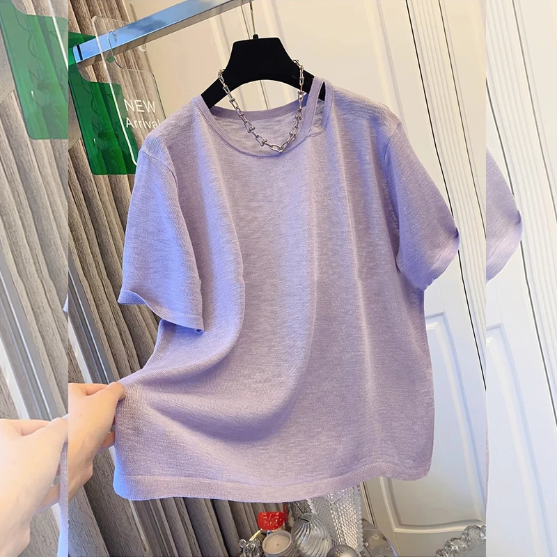 夏季新款镂空露锁骨纯色休闲宽松短袖大码针织衫女洋气减龄显瘦潮