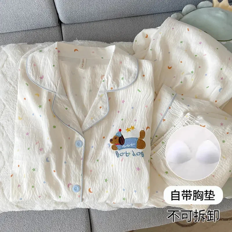【胸垫款】夏季卡通可爱小狗睡衣女自带胸垫短袖短裤三件套装家居服