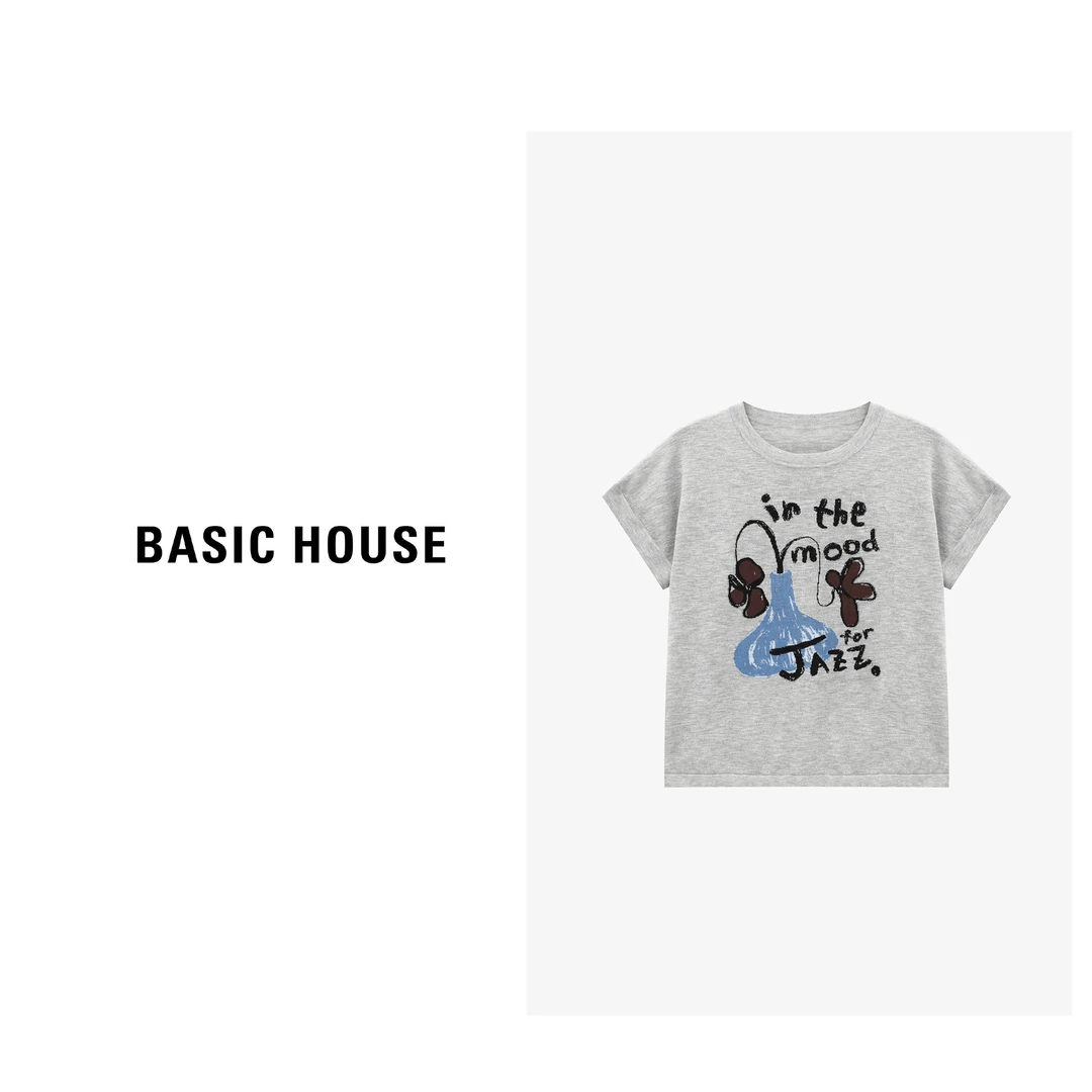 Basic House/百家好夏季宽松圆领简约洋气短袖针织衫-B0625B5Z582