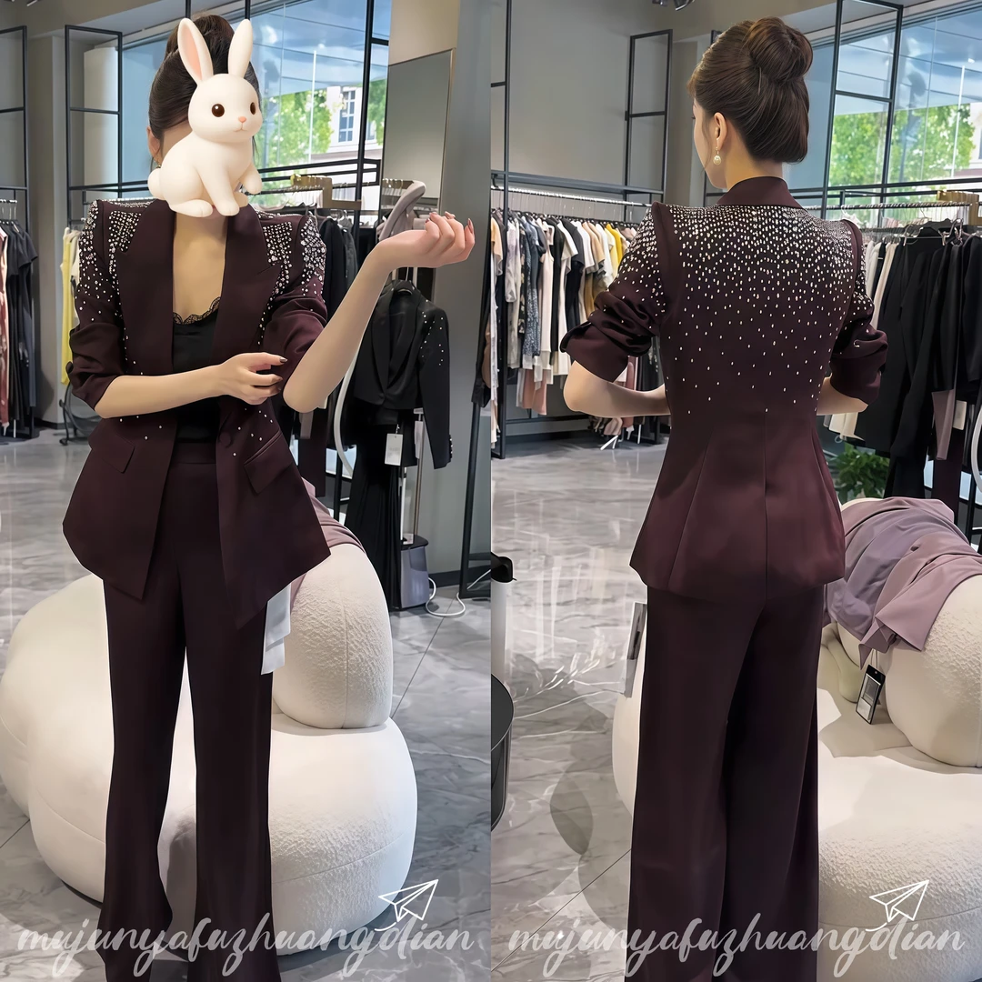 欧货2025秋季时尚高端设计优雅大气重工烫钻西服外套阔腿裤两件套