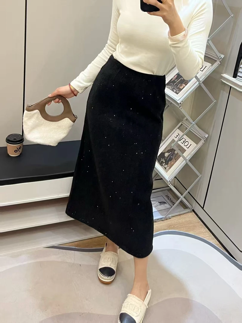 新年小香风爆闪亮片2024秋冬高腰显瘦半身裙中长开叉毛呢星空裙