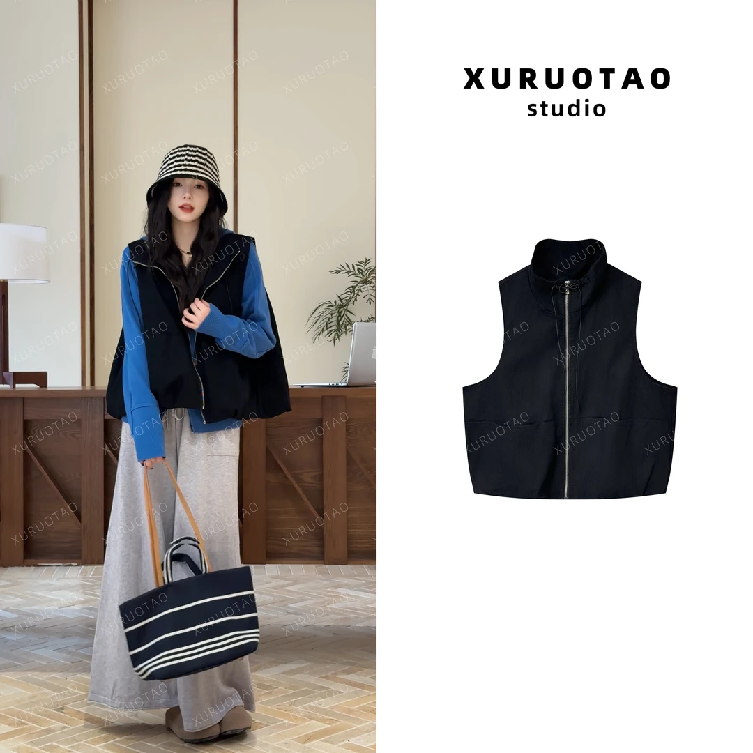 XURUOTAO 【迷人法则】100棉感拉链百搭设计感时尚黑色马甲 T5539