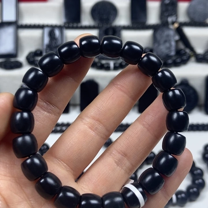 和田玉（墨玉）未镶嵌手串卡19直切