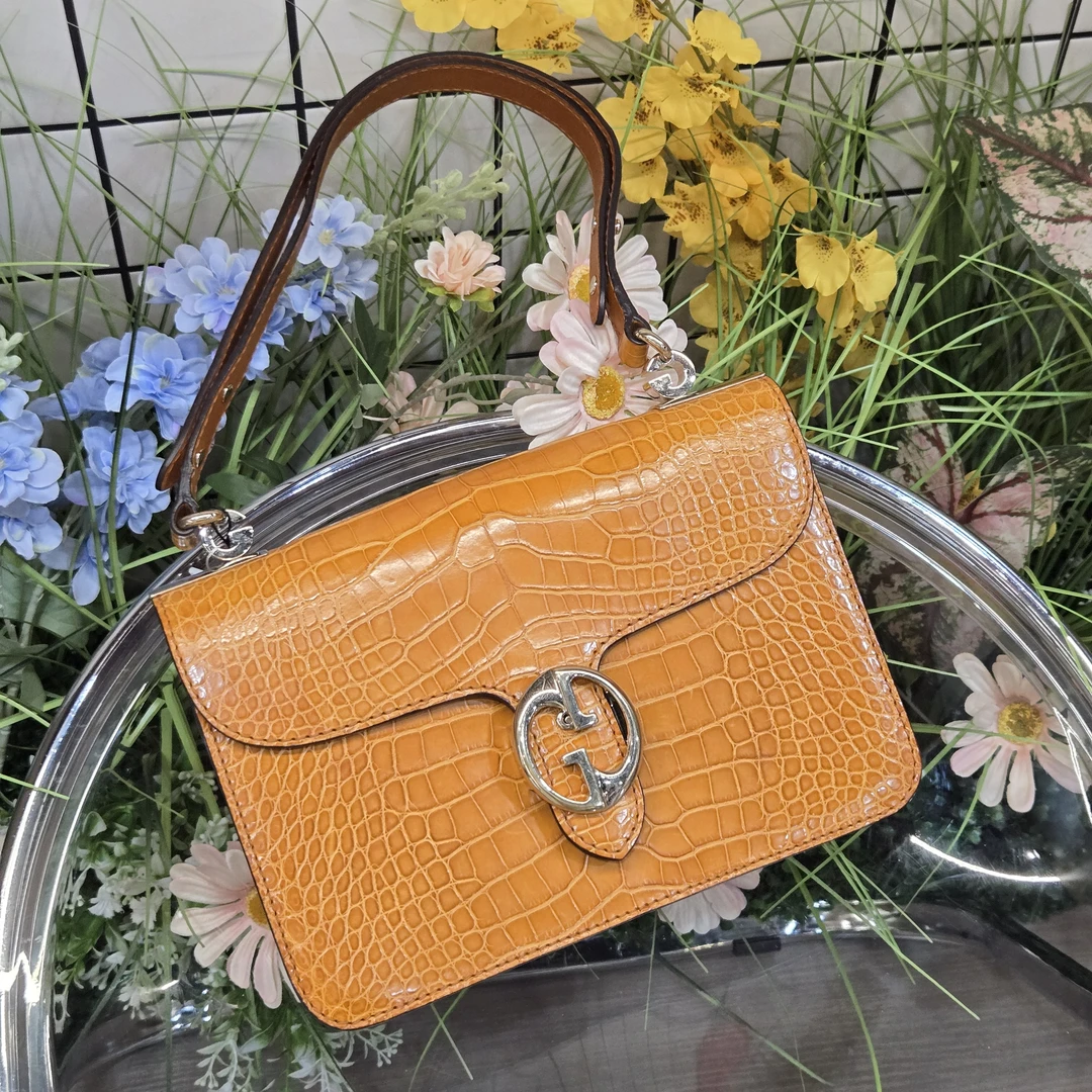 95新 GUCCI/古驰 达达/橘色鳄鱼皮单肩斜挎包