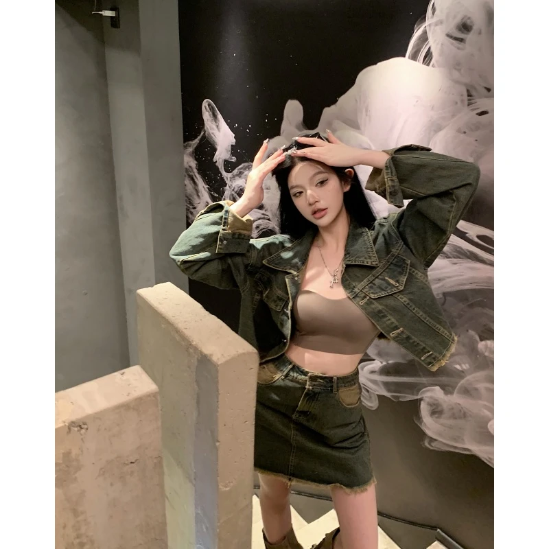 网红炸街牛仔套装女复古设计感毛边牛仔外套高腰显瘦半身裙两件套