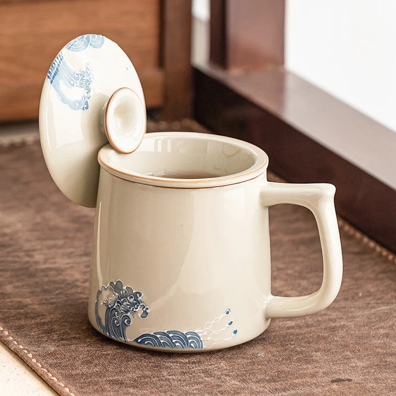 手绘堆雕海浪马克杯带盖家用陶瓷杯子茶水分离大号茶杯办公杯水杯