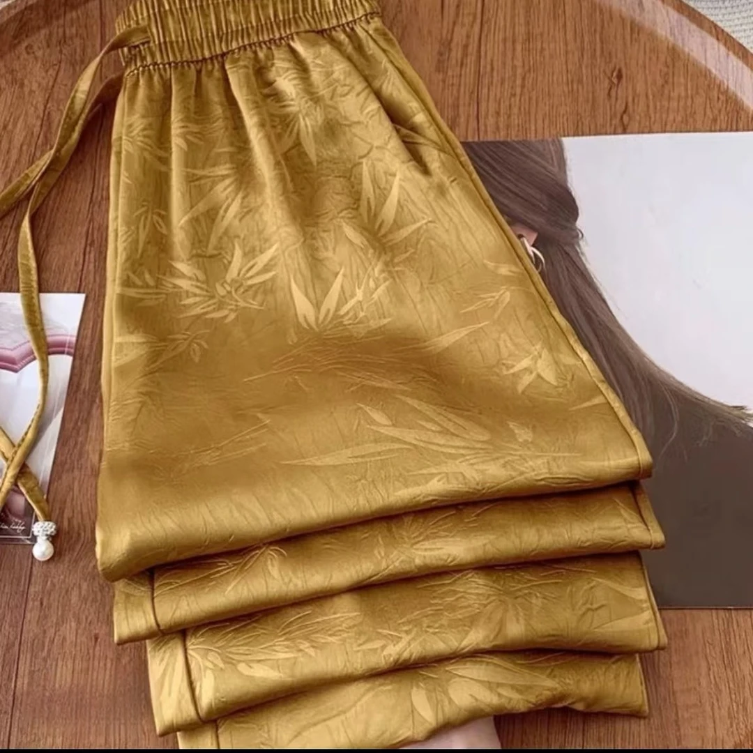 【奢品高货】新中式蚕丝提花垂感鎏金高级感窄版直筒裤Y-01