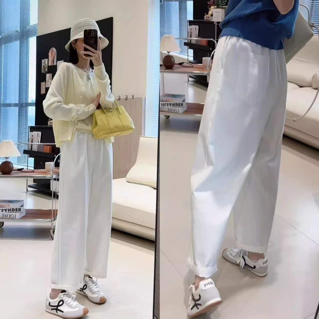 抗皱莱赛尔天丝棉2025早秋新款小个子九分休闲裤女宽松白色阔腿裤