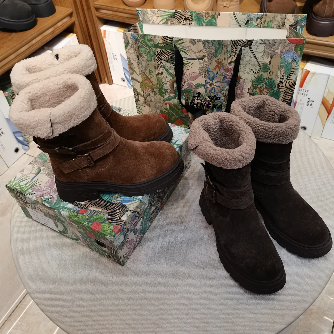 青咖品牌女鞋2025冬季新款西部派对厚底牛仔西部靴女厚绒里中筒靴