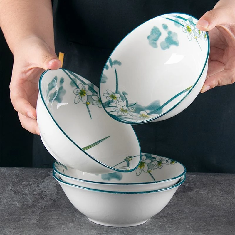 水仙花6英寸吃饭碗10只装家用陶瓷粥碗面碗陶瓷釉下彩餐具