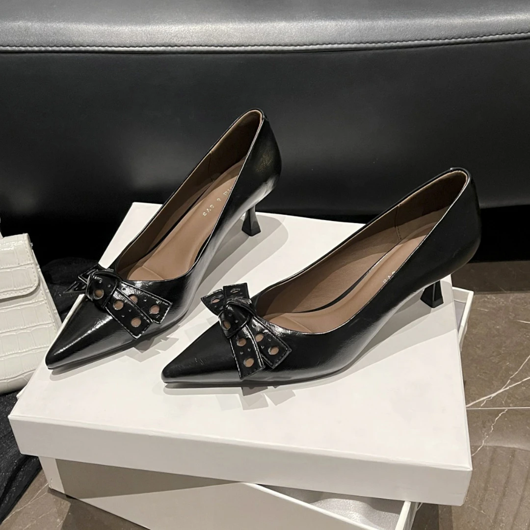 【DR设计师联名】黑色尖头低跟浅口高跟鞋女蝴蝶结软皮单鞋2025年