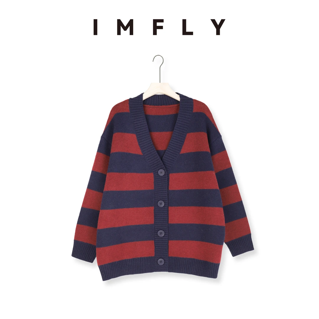 IMFLY金小金自制 针织开衫DYW8583撞色条纹毛衣女冬季慵懒风外套