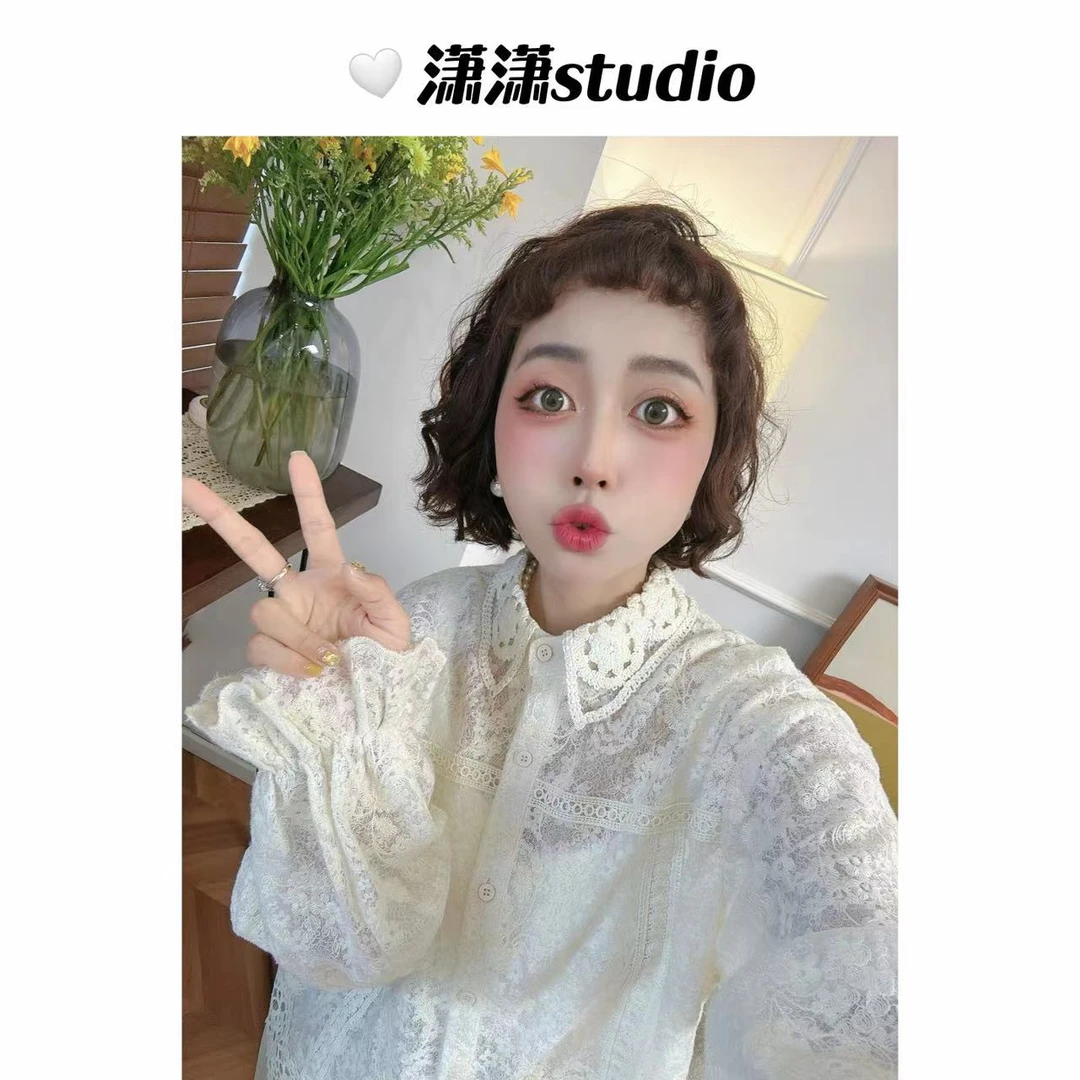 【花满楼】【不带里衬】潇潇定制蕾丝面料泡泡袖镂空领百搭衬衣XW0052