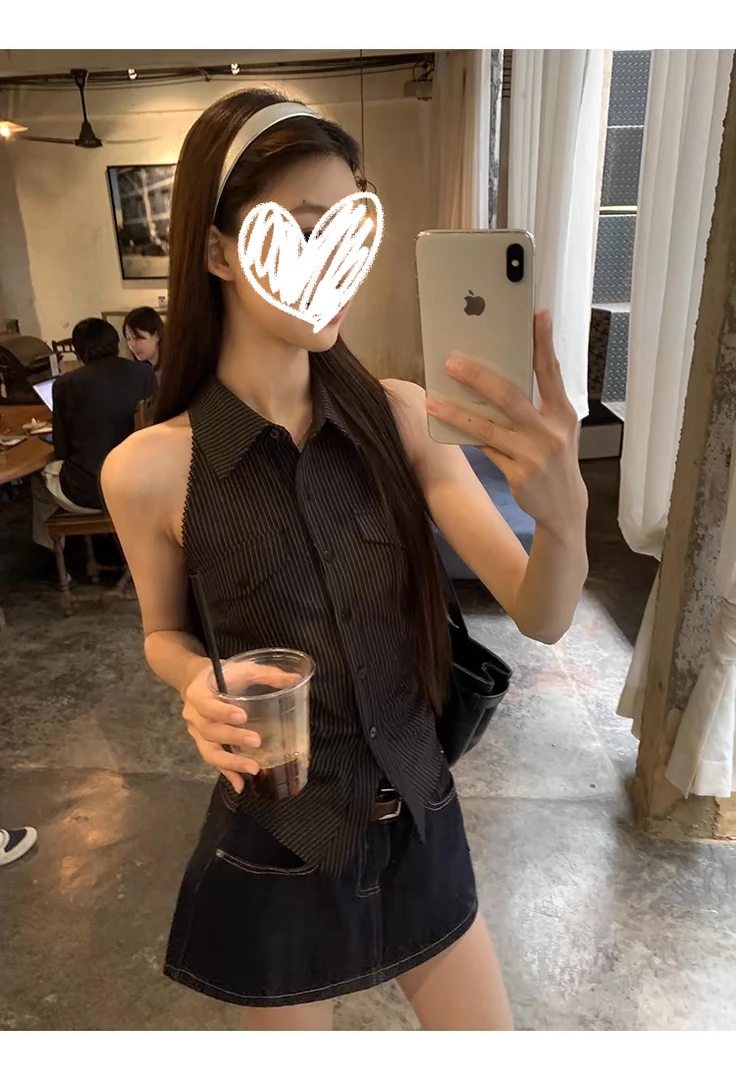 爆款法式上衣漂亮露背收腰黑色无袖衬衣