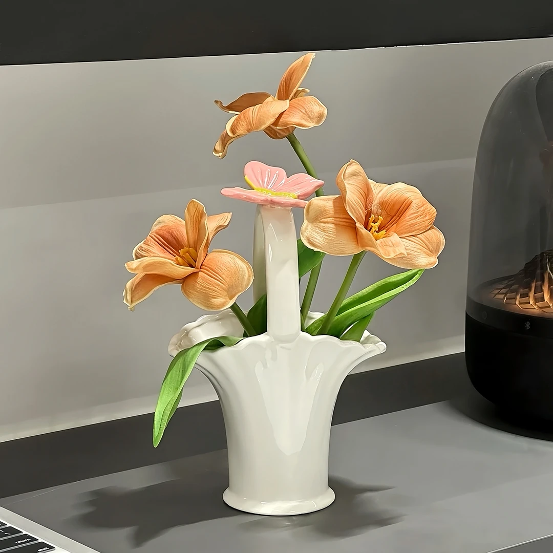 蝴蝶花篮陶瓷花瓶家用高颜值白色手工插花装饰品高级感摆件家居