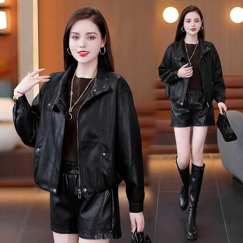时尚休闲短款皮衣外套女2025秋季新款洋气百搭立领工装夹克上衣
