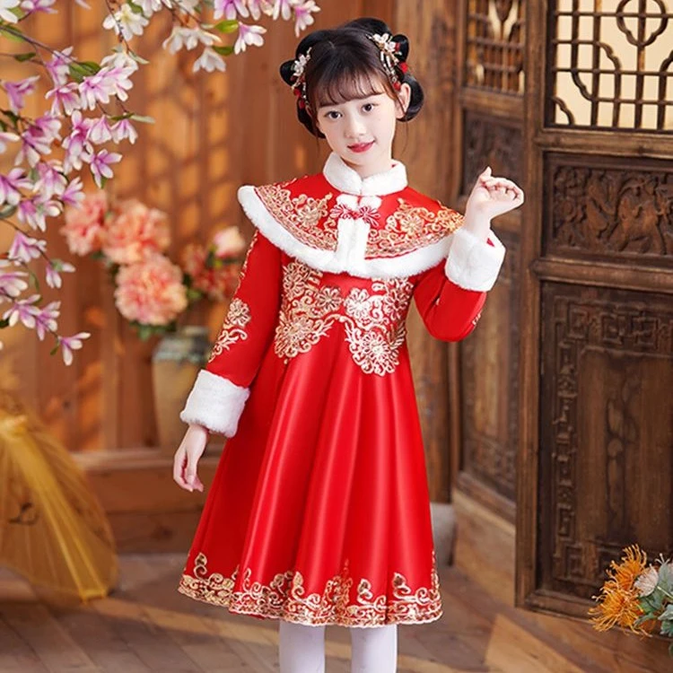 4045女童红色拜年服唐装新年连衣裙