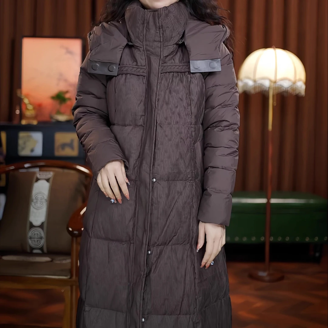 眸似秋水（咖啡色）连帽羽绒服长款白鸭绒冬季加厚女装外套