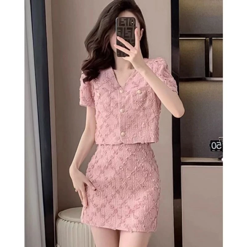 2025夏季新款蕾丝短袖3立体植花时尚气质减龄名媛小香风套装