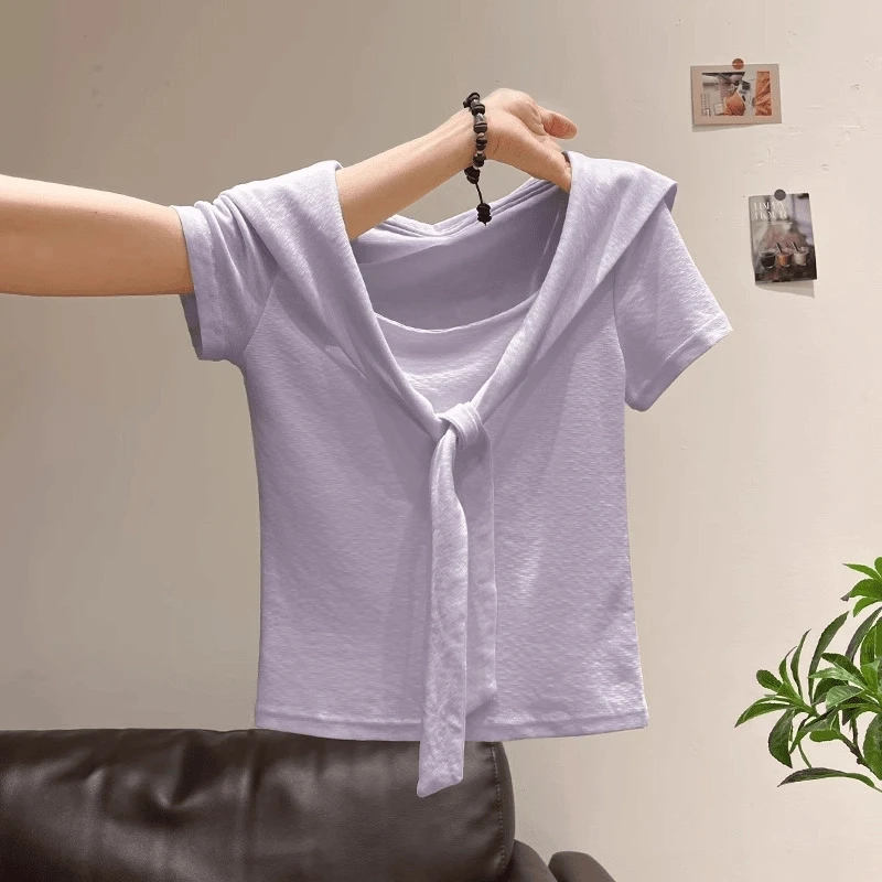 紫色假两件U领披肩短袖t恤女款夏季2025新款百搭显瘦洋气百搭上衣