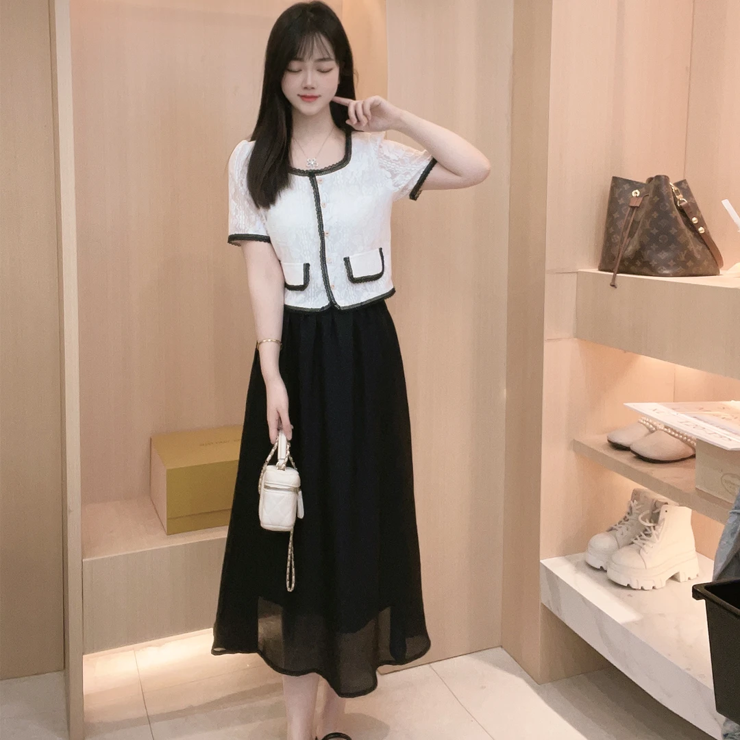 传儿定制 夏季时尚套装甜美减龄小香风百搭蕾丝上衣半身裙两件套