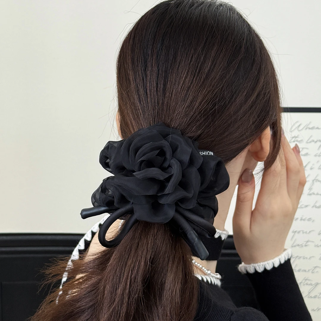 玫瑰花网纱发圈女2025新款韩版百搭高弹力发绳简约风扎马尾发圈
