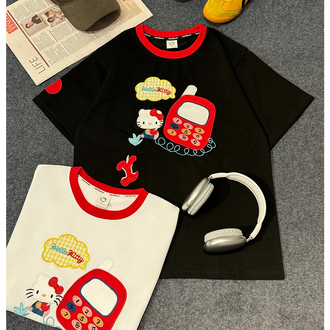 HandSeven重磅卡通kt刺绣韩版夏季圆领宽松重工透气卡通百搭T恤