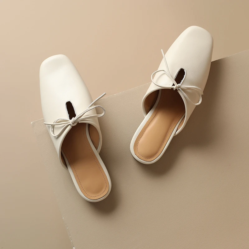 包头蝴蝶结平底 水染皮包头拖时尚凉拖春夏仙女风半托法式