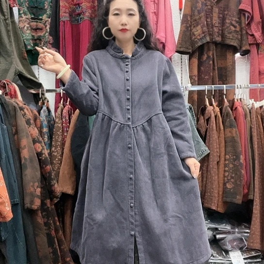 织绣招财猫灯芯绒大衣加绒灰