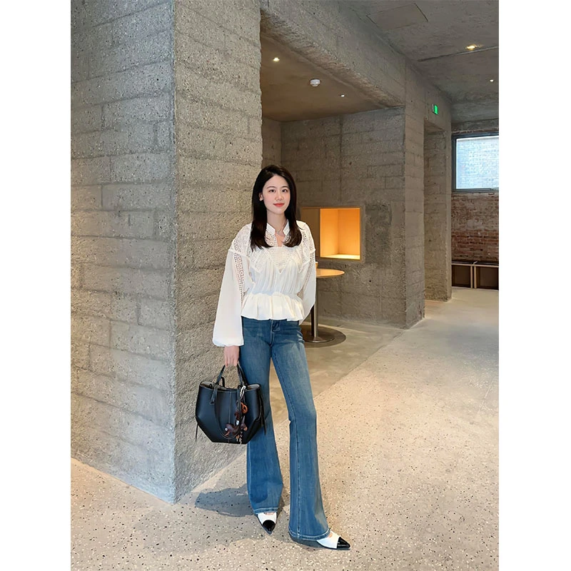 2025秋季新款轻熟风气质镂空设计感长袖上衣高腰显瘦休闲牛仔裤女
