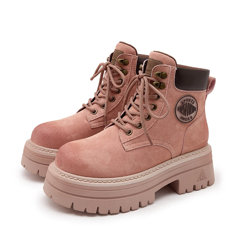 马丁靴女士真皮大黄靴绒皮内增高加绒保暖秋冬时尚百搭8cm