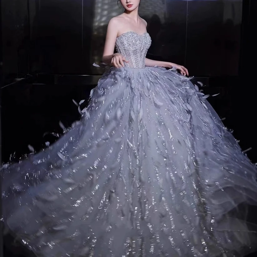 舞会在逃公主礼服超仙羽毛气质优雅秋新款钢琴声乐演奏演出礼服裙