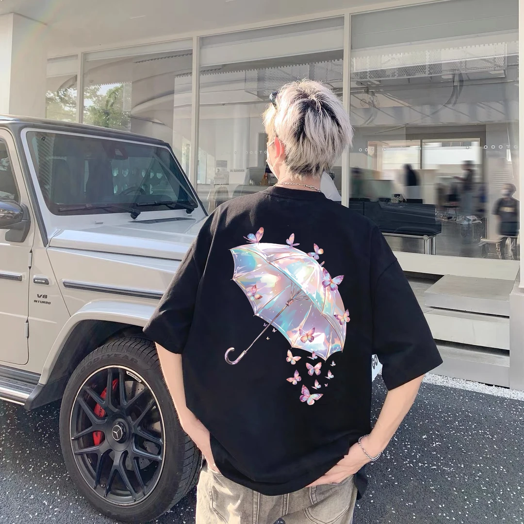 100%重磅纯棉短袖T恤男装夏宽松创意设计感蝴蝶伞半袖男女同款NW4