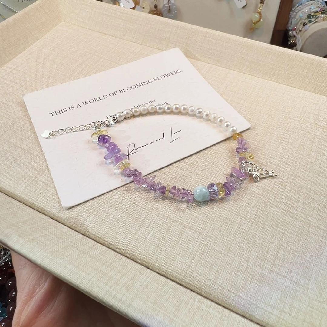 银S925镶嵌水晶手链紫水晶碎石珍珠