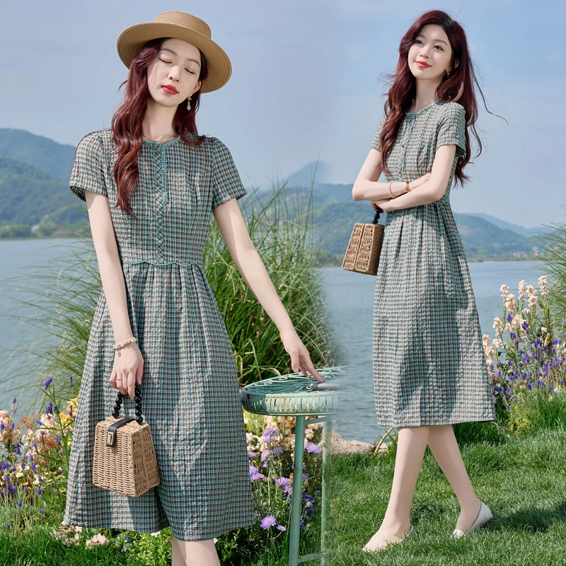 夏季旗袍洋气复古中长裙显瘦连衣裙荡领格子常规酷飒风女装高级感