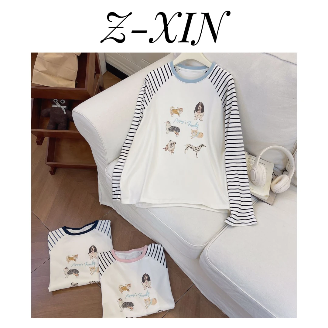 Z-XIN韩国东大门宽松休闲可爱狗狗印花条纹插肩袖T恤打底衫