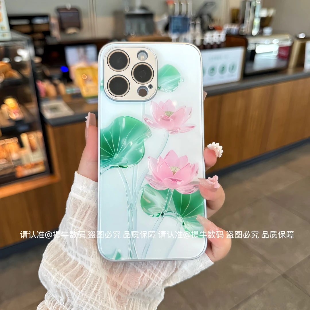 苹果/小米/华为/荣耀/OPPO/VIVO 立体荷花金属漆钢化玻璃手机壳