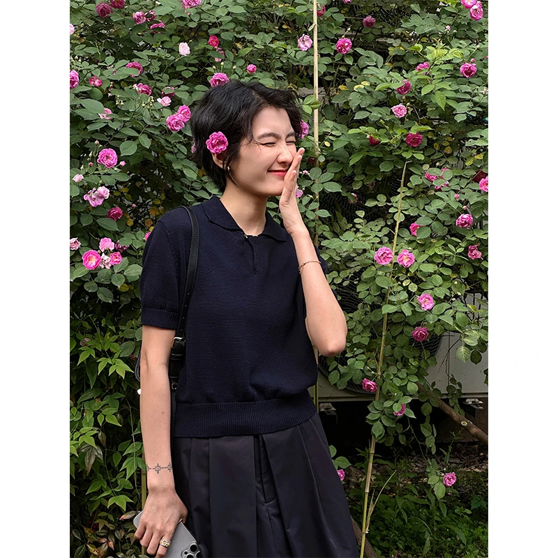 LANGQING 藏青色针织正肩翻领夏季纯棉polo毛衫41794#