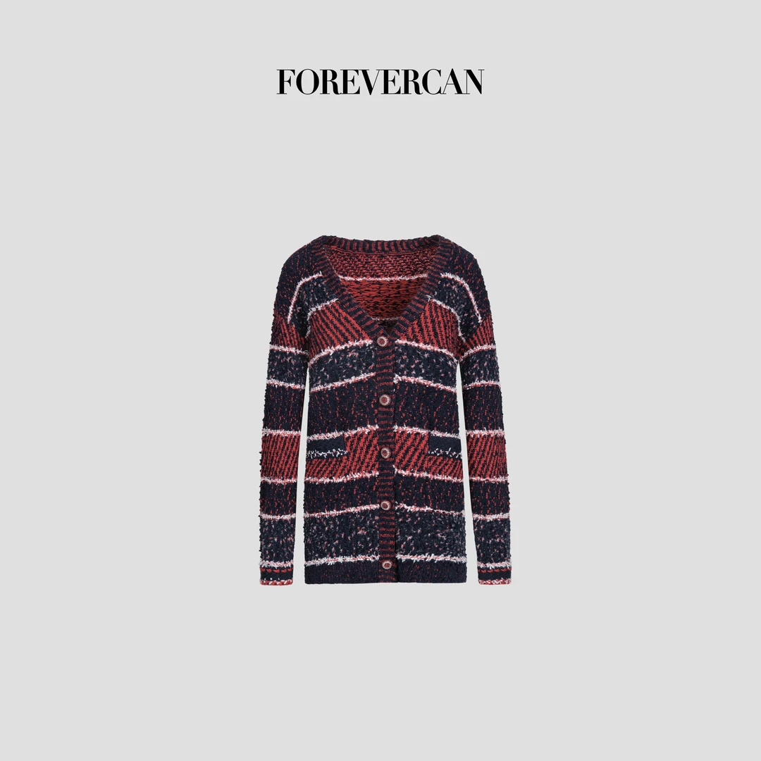 FOREVERCAN“紫气东来”慵懒风条纹撞色开衫外套 MY4490