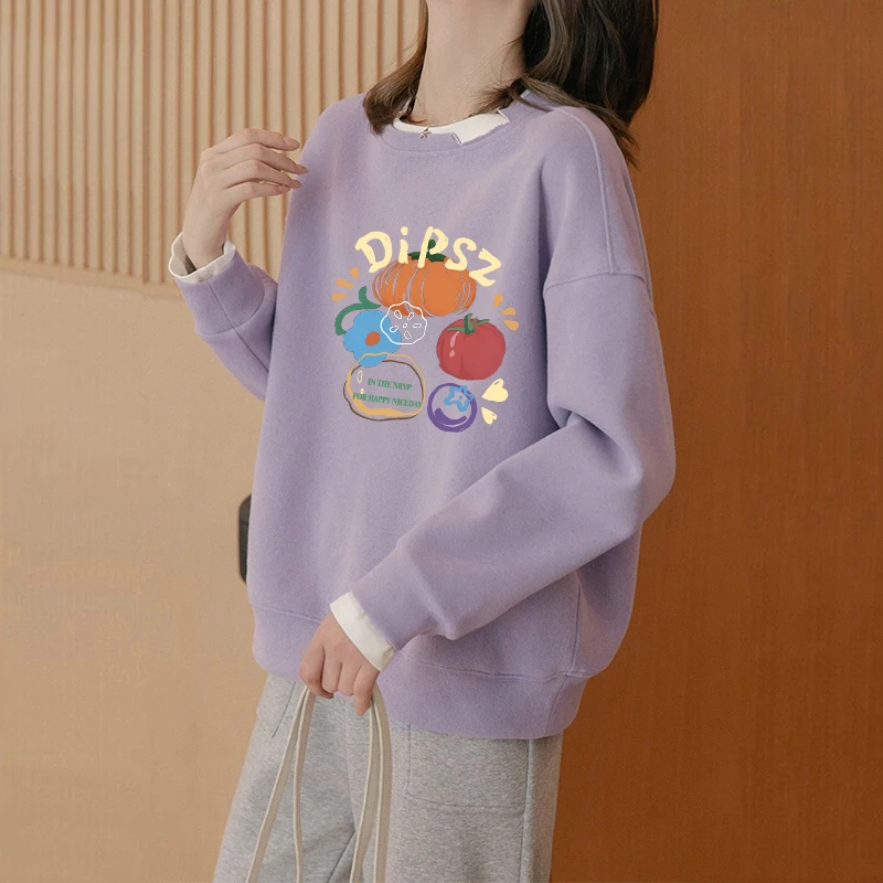 紫色假两件加绒卫衣女2025新款春秋韩版卡通印花宽松圆领套头上衣