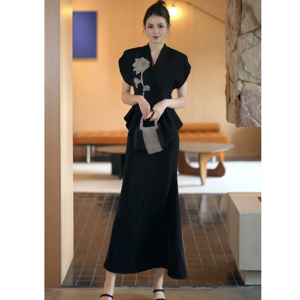 A358 夏季新款重工高端显瘦气质女神范钉珠上衣半裙两件套装女