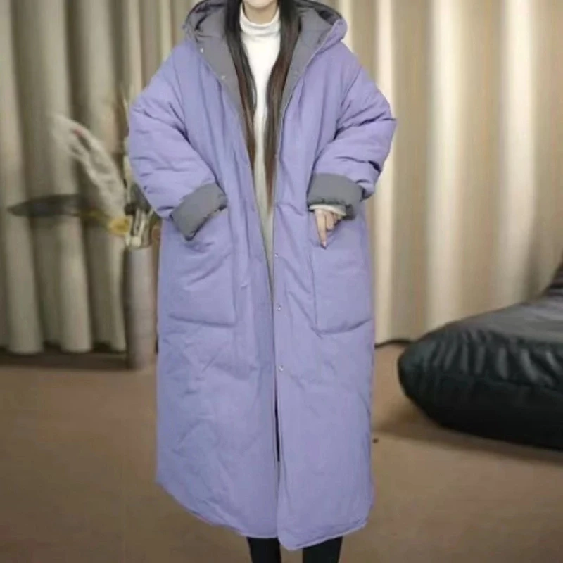 6628双面双穿棉服中长款连帽拼色外套冬季夹棉保暖