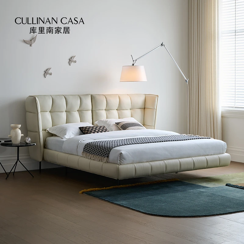 库里南家居Husk肌肉真皮床 奶油风悬浮皮艺床现代简约齐边主卧床