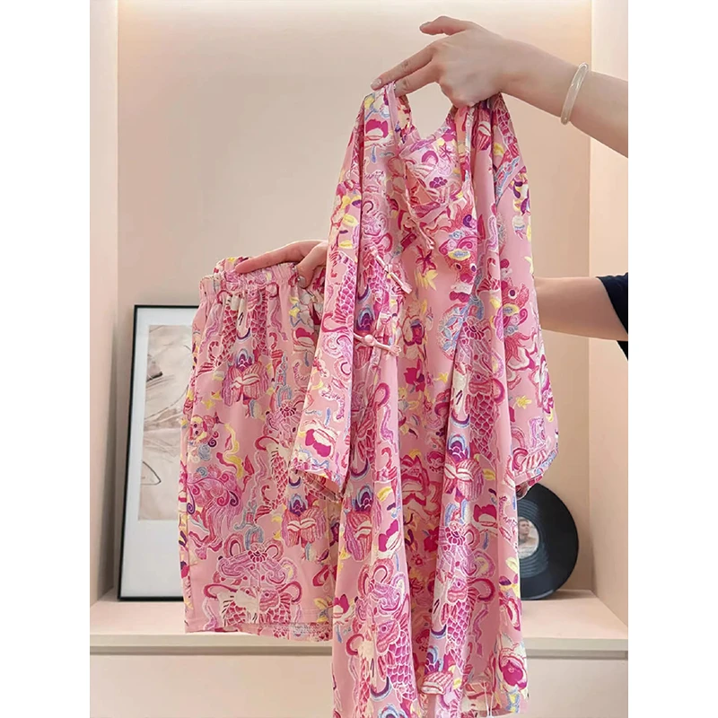 新中式国风盘扣锦鲤印花睡衣女夏季新款短袖短裤可外穿家居服套装