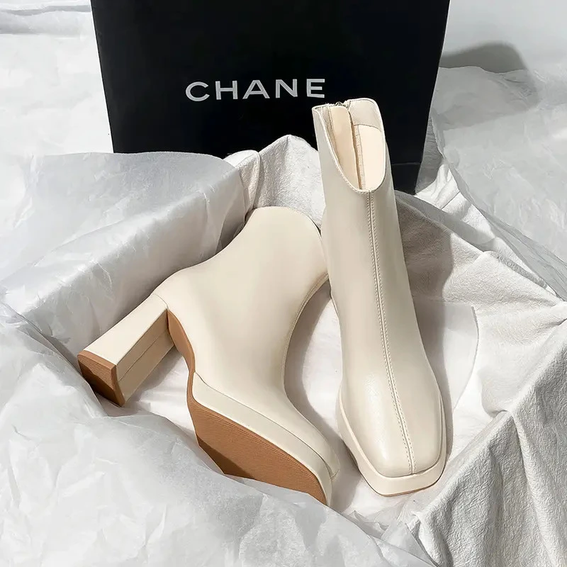 法式V口高跟厚底短靴女2025冬款加绒防水台瘦瘦靴方头粗跟马丁靴